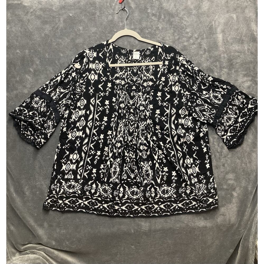 Bila Bell Slv Blouse Women Sz 2X Black White Cold Shoulder Boho Festival Tribal